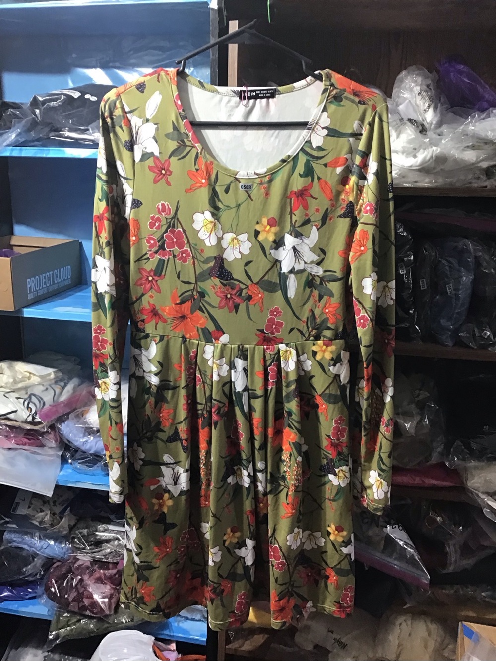 Olive Green Floral Long-Sleeve Dress